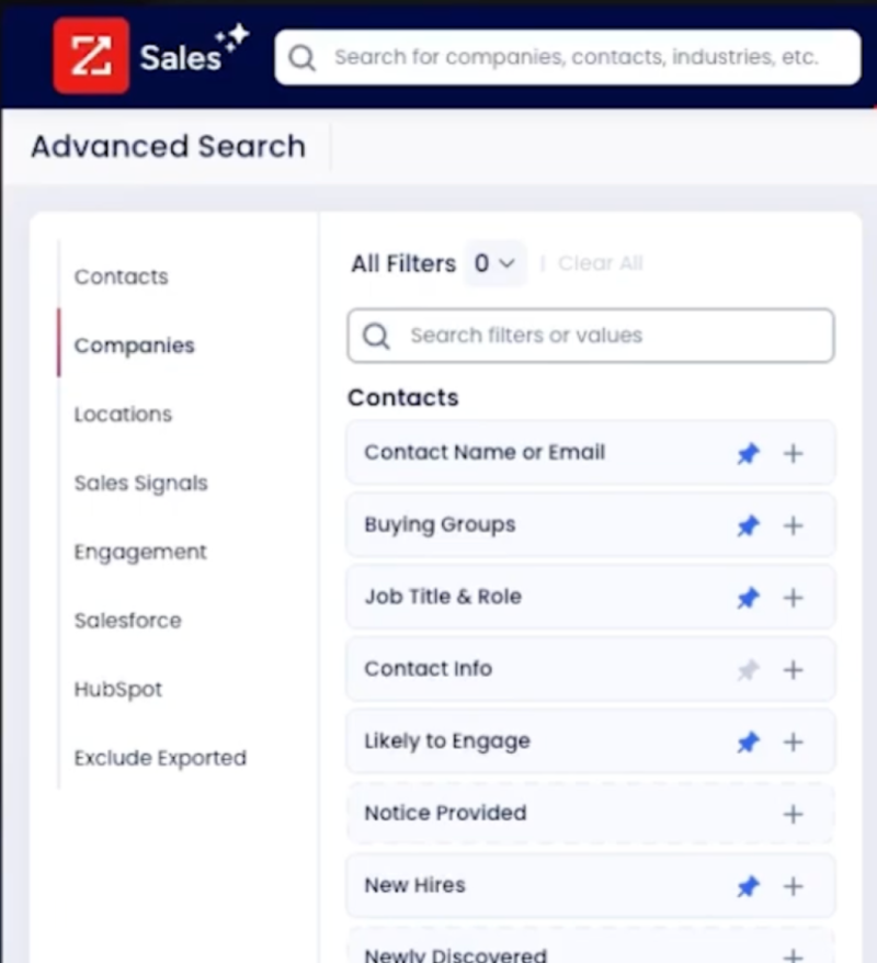 ZoomInfo interface with the filter sidebar configured to construct our example query