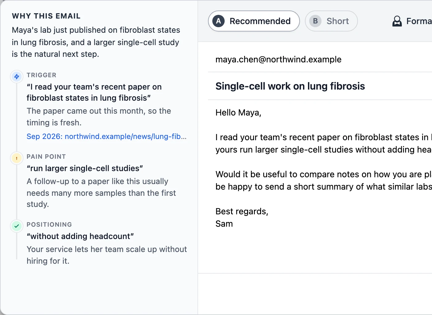 An email draft with the Why this email panel beside it: the reason for writing, then each point in the email with where it comes from