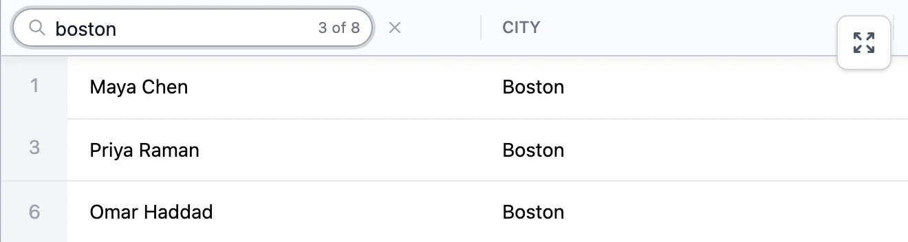 A table searched for Boston, showing the three matching rows and a count of 3 of 8