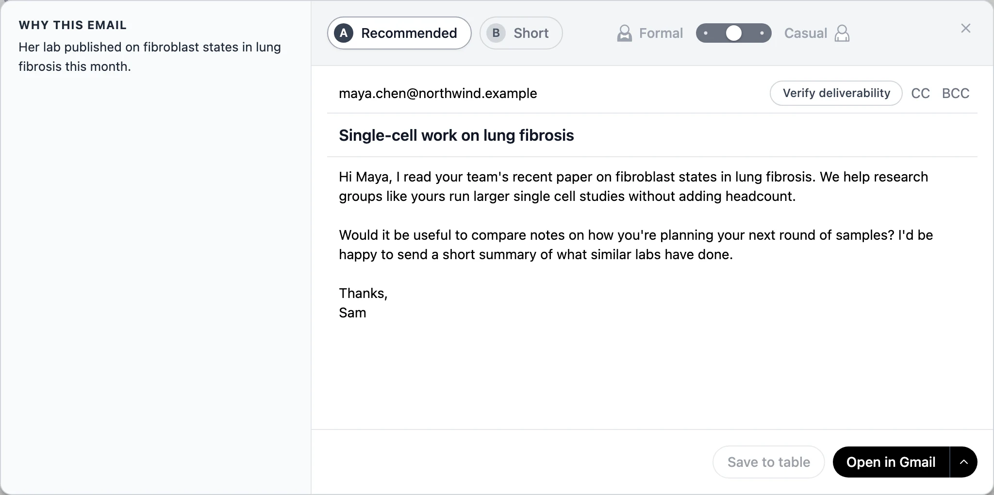 An email draft with the Formal to Casual slider moved partway toward Casual