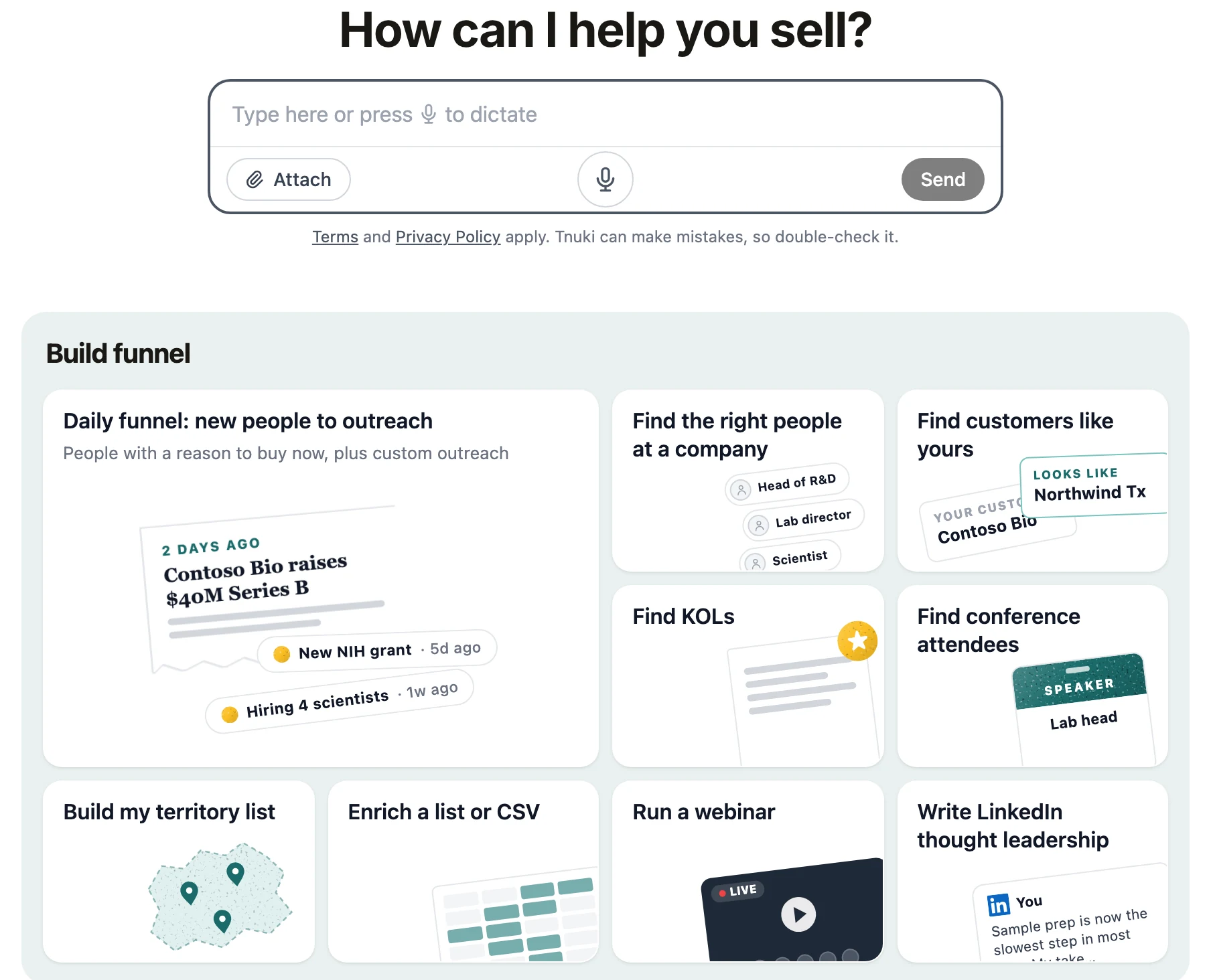 The New chat page: the message box above starter cards such as Daily funnel, Find KOLs and Build my territory list